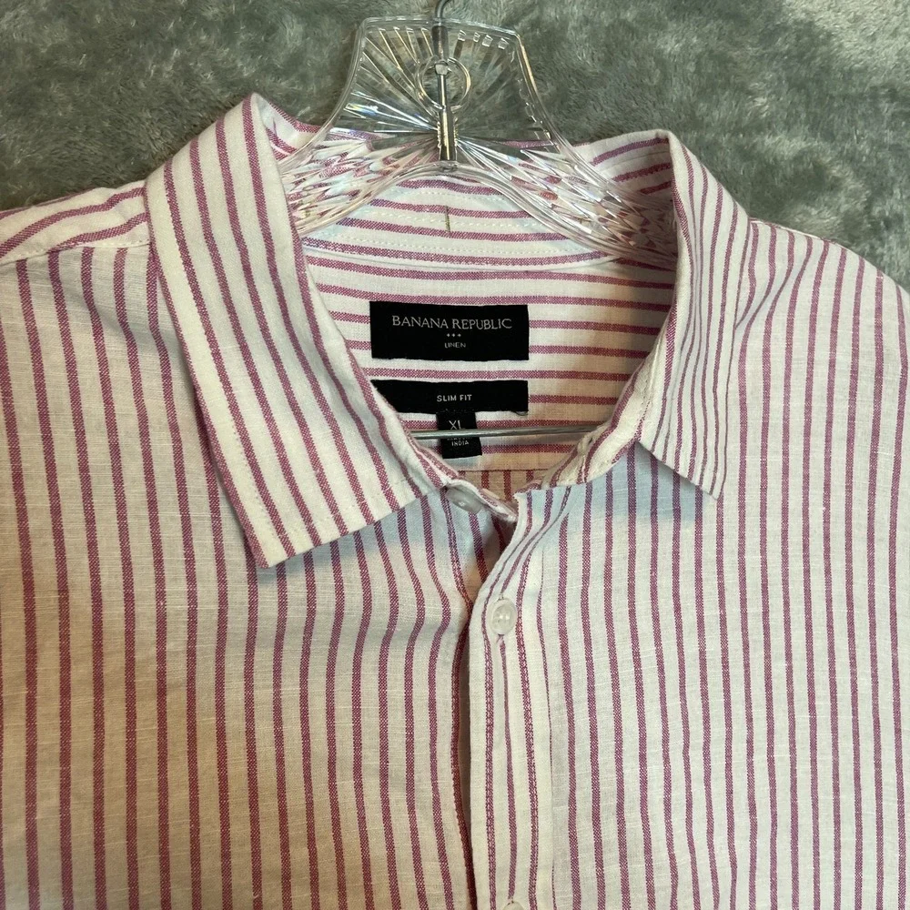 Banana Republic Men XL Linen Cotton Blend Short Sleeve Striped Slim Fit Shirt